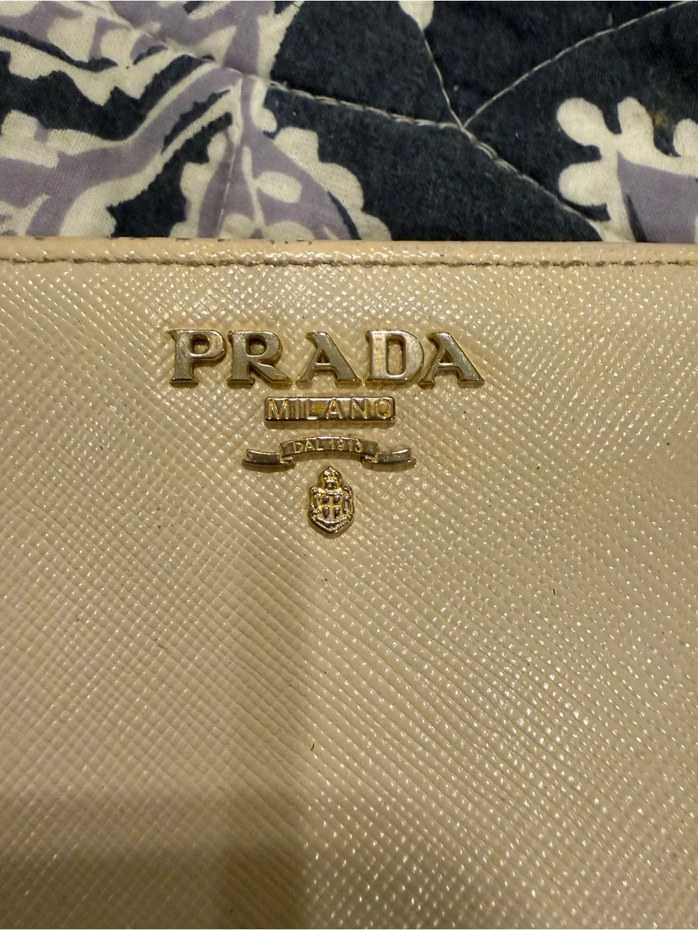 Authentic Prada Cream Saffiano Zip Around Wallet with Gold Logo